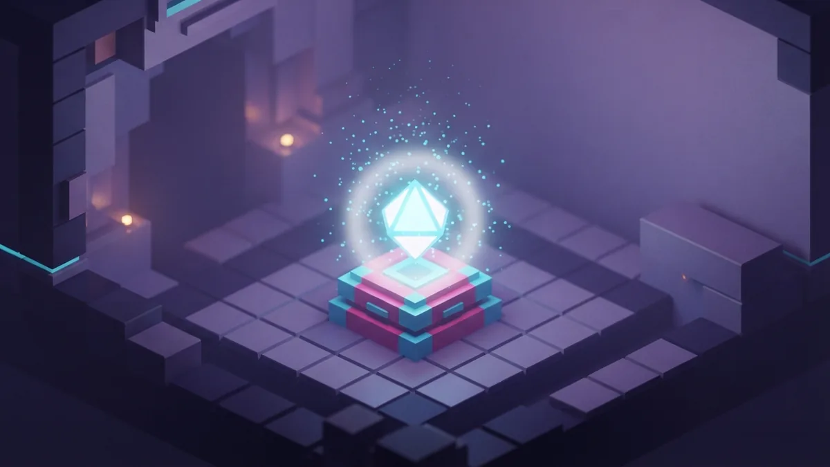 Glowing geometric relic resting on a voxel pedestal in a violet chamber