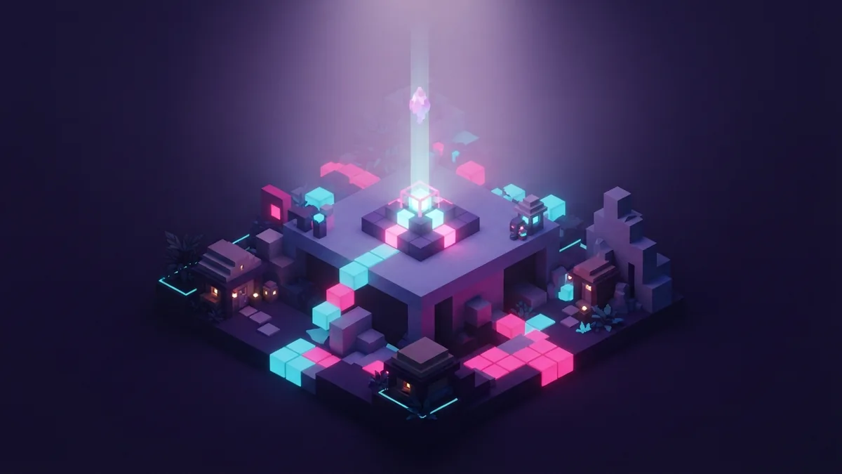 Raised voxel platform marking a shared world spawn among glowing paths and shelters