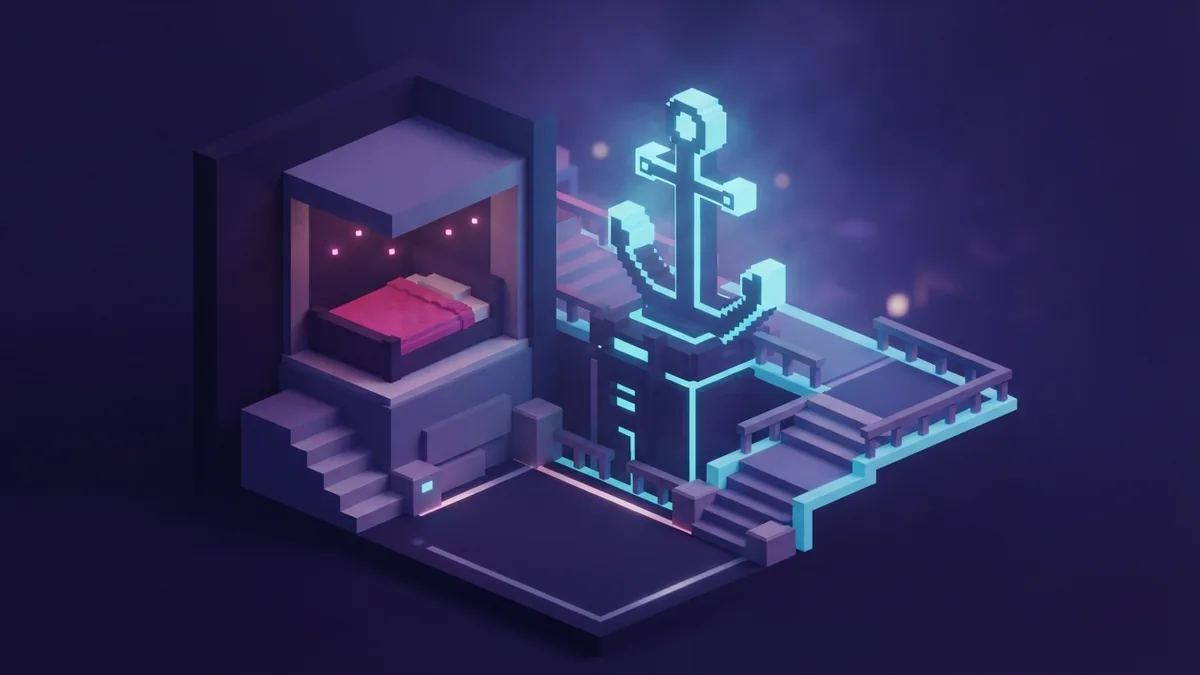 A sheltered personal respawn point with soft glow Sheltered voxel respawn platform beside a glowing anchor structure at night