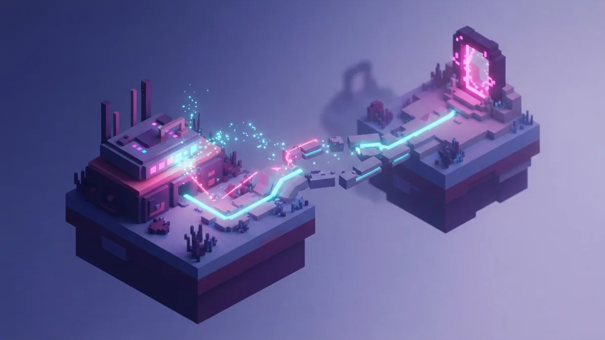 Common causes shown as a broken voxel path Voxel network path split between connected islands with glowing cyan and pink blocks