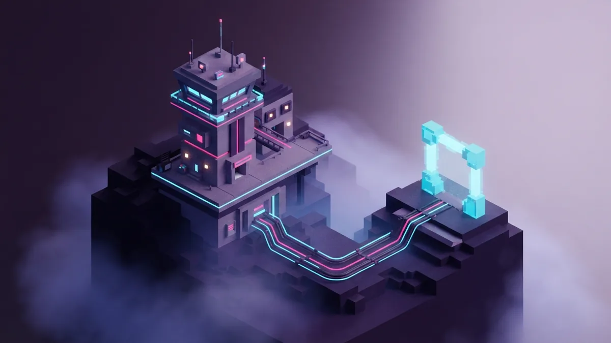 Windows DNS fix in a voxel scene Isometric voxel gateway tower with three glowing network paths on purple blocks