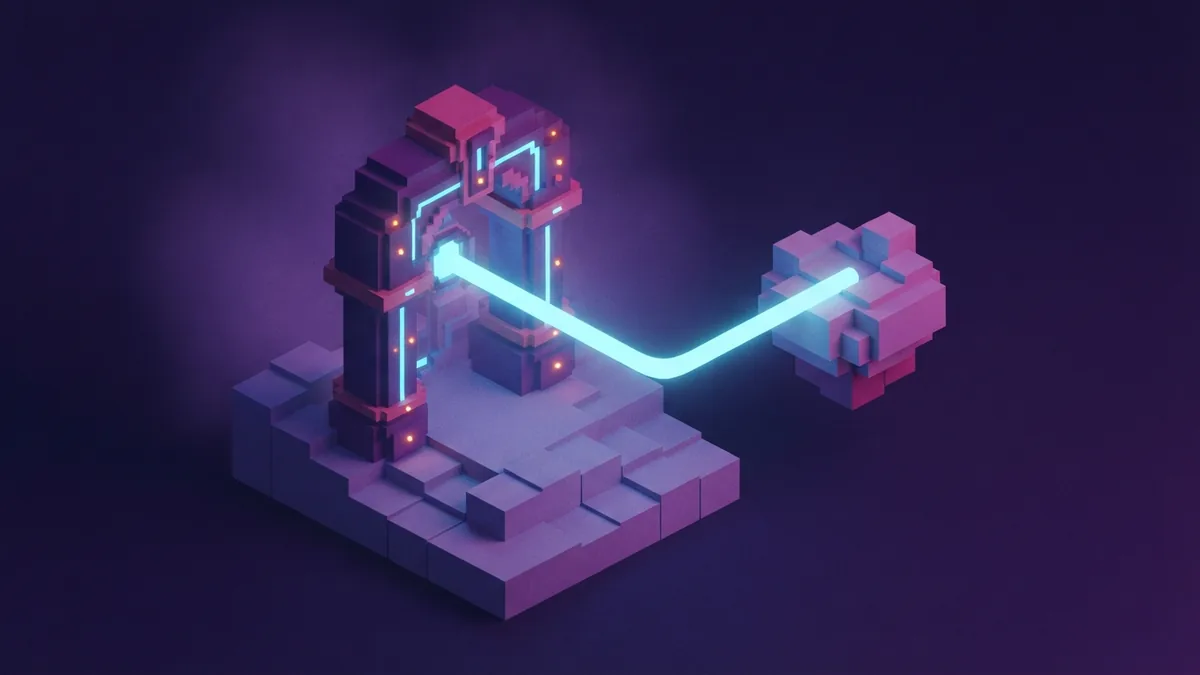 macOS DNS path through a voxel gateway Glowing cyan voxel archway linking a floating island in violet night fog