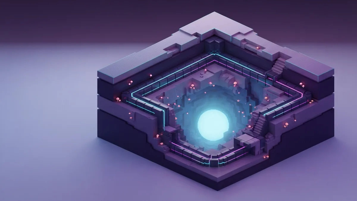Voxel terrain cutaway with underground cable channels and a glowing cyan portal core