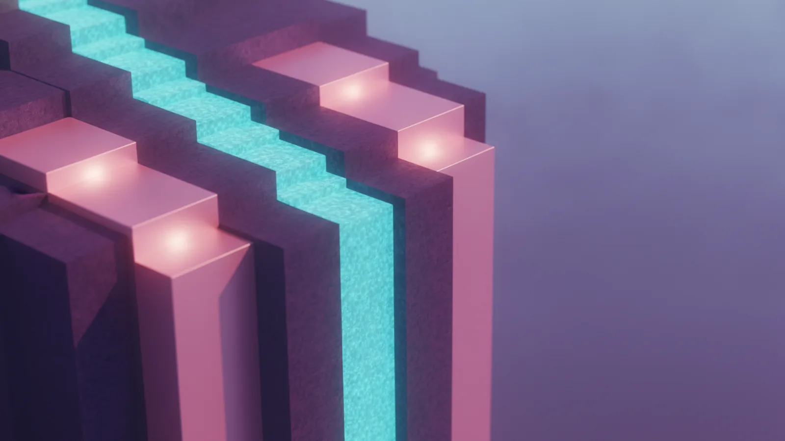 A cinematic MinecraftSide brand scene washed in dusk pink and cyan light.