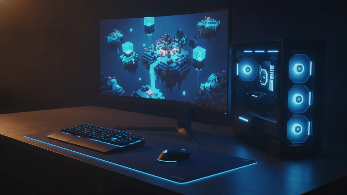 Minecraft PC gaming setup Desktop computer showing a colorful block-built game world beside keyboard and mouse