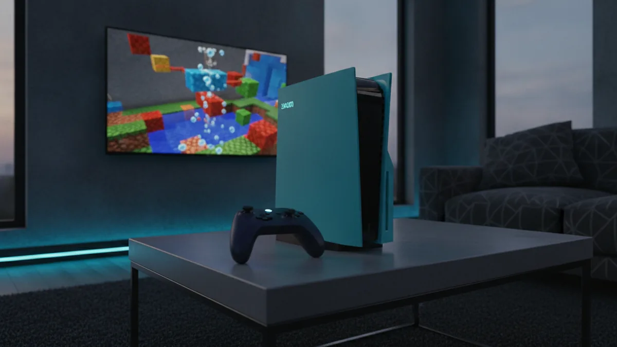 Game console and controller beside a television showing a colorful block-built landscape