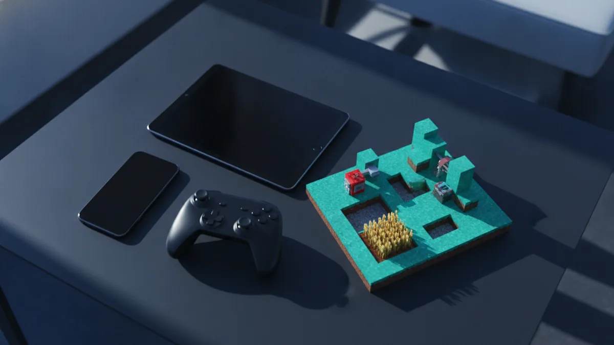Minecraft mobile gaming devices Smartphone and tablet beside a compact controller showing a colorful block-built world