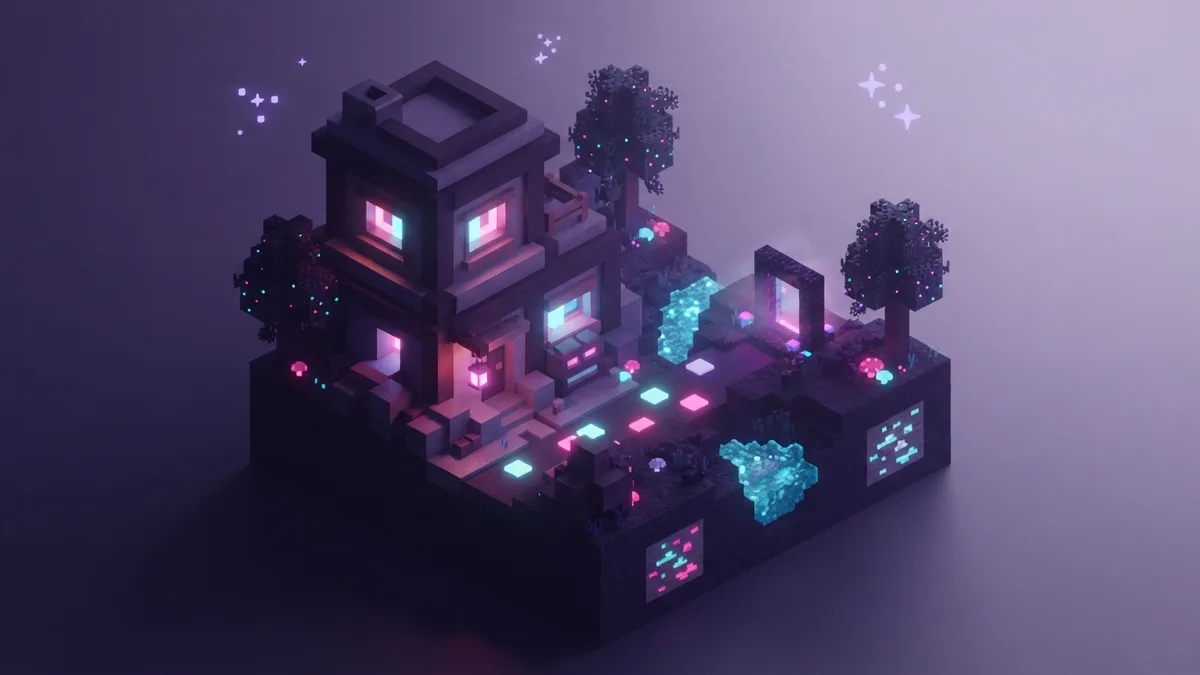 A block world in violet light Isometric block world showing a small home and open terrain in violet light