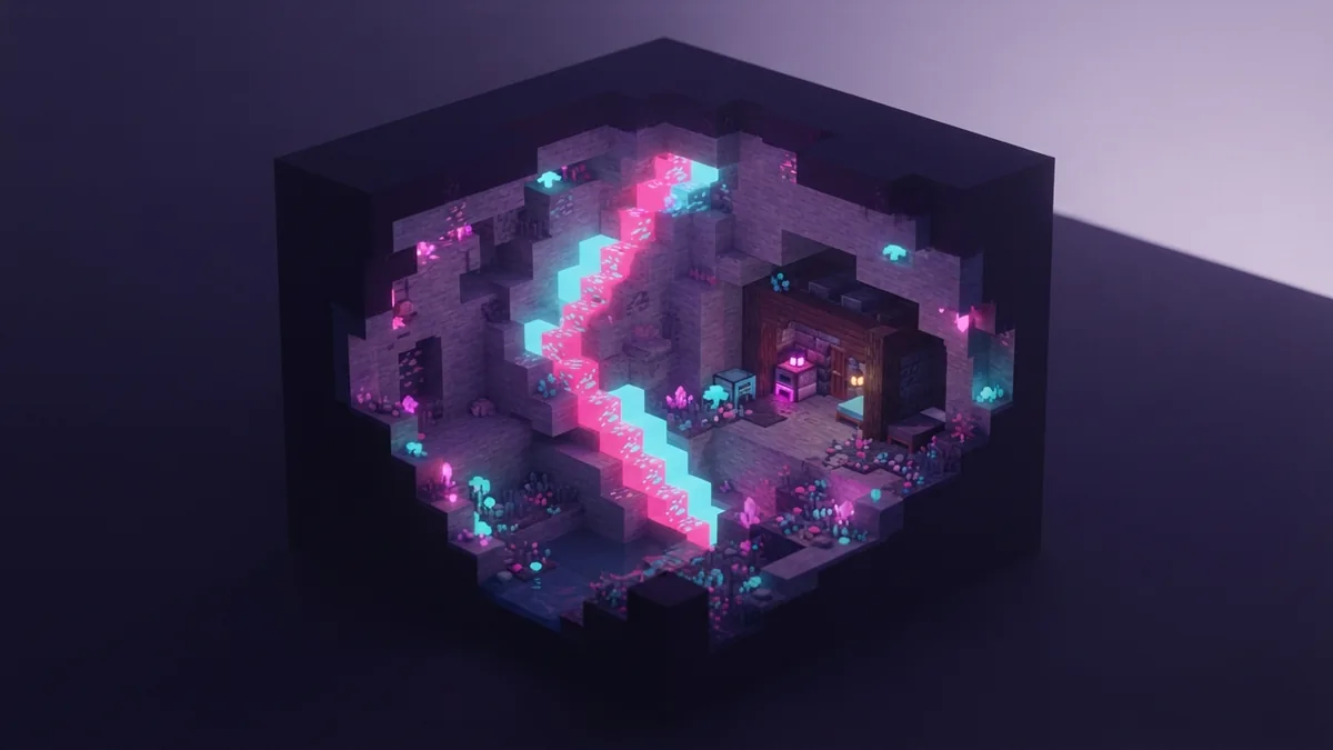 Voxel cave cutaway with a glowing ore vein beside a small block shelter