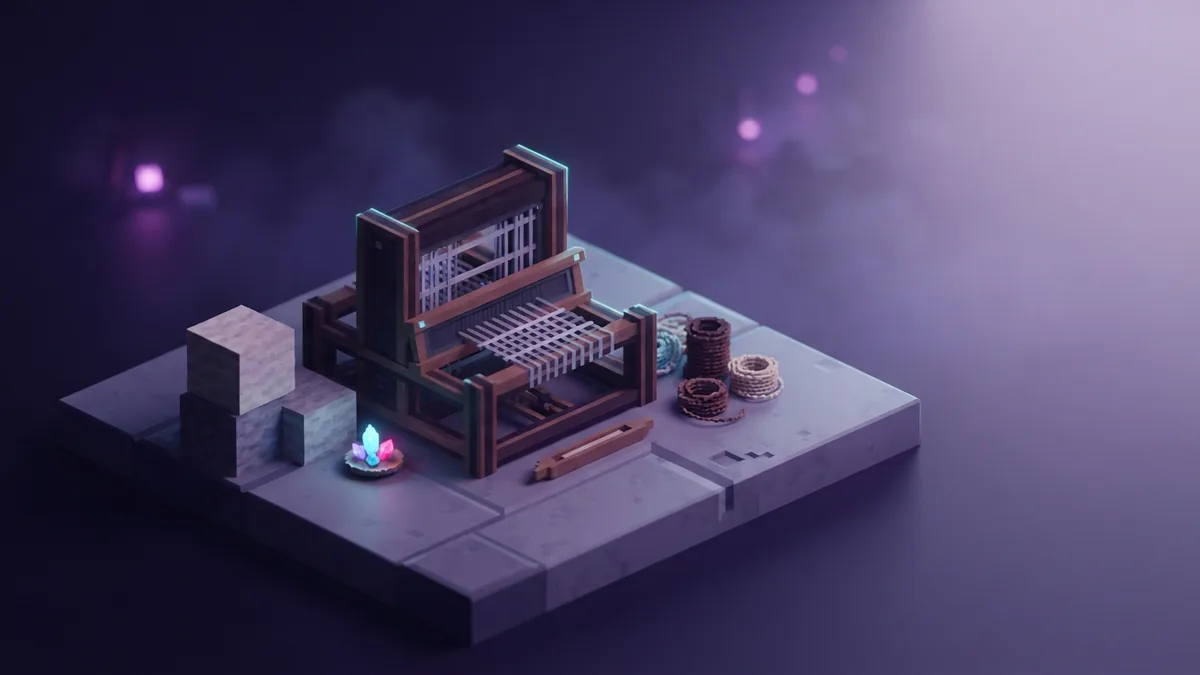 Materials for banner crafting Minecraft-style loom materials arranged on a glowing voxel workbench
