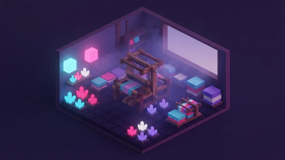 Colorful dye crystals near a voxel loom in a dark crafting room