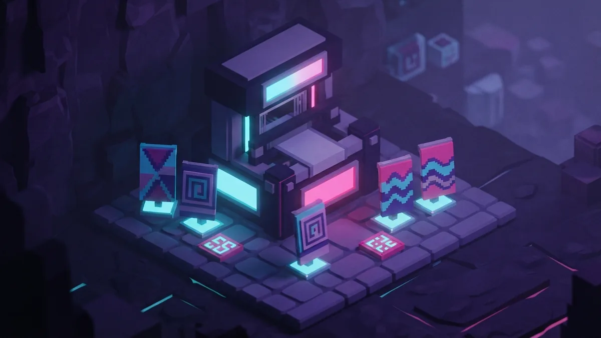 Geometric pattern pieces arranged around a glowing voxel loom