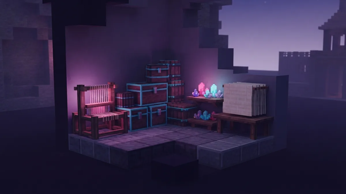 Organized loom crafting station Organized voxel crafting station with loom and banner supplies
