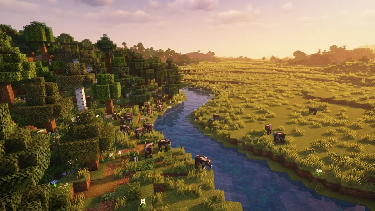 Forest edge and plains cow habitat Cows near a forest edge and open plains in a Minecraft-style Overworld scene