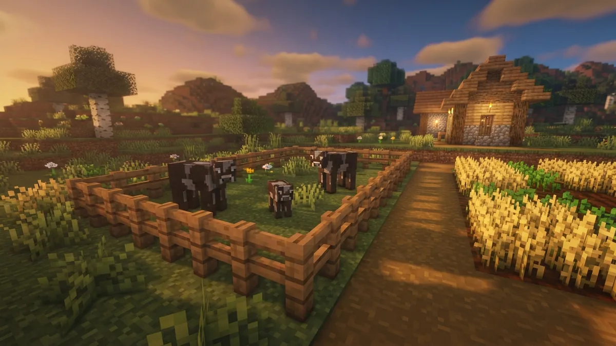 Cows and calves beside a wheat farm Adult cows and calves beside wheat crops in a compact Minecraft farm pen
