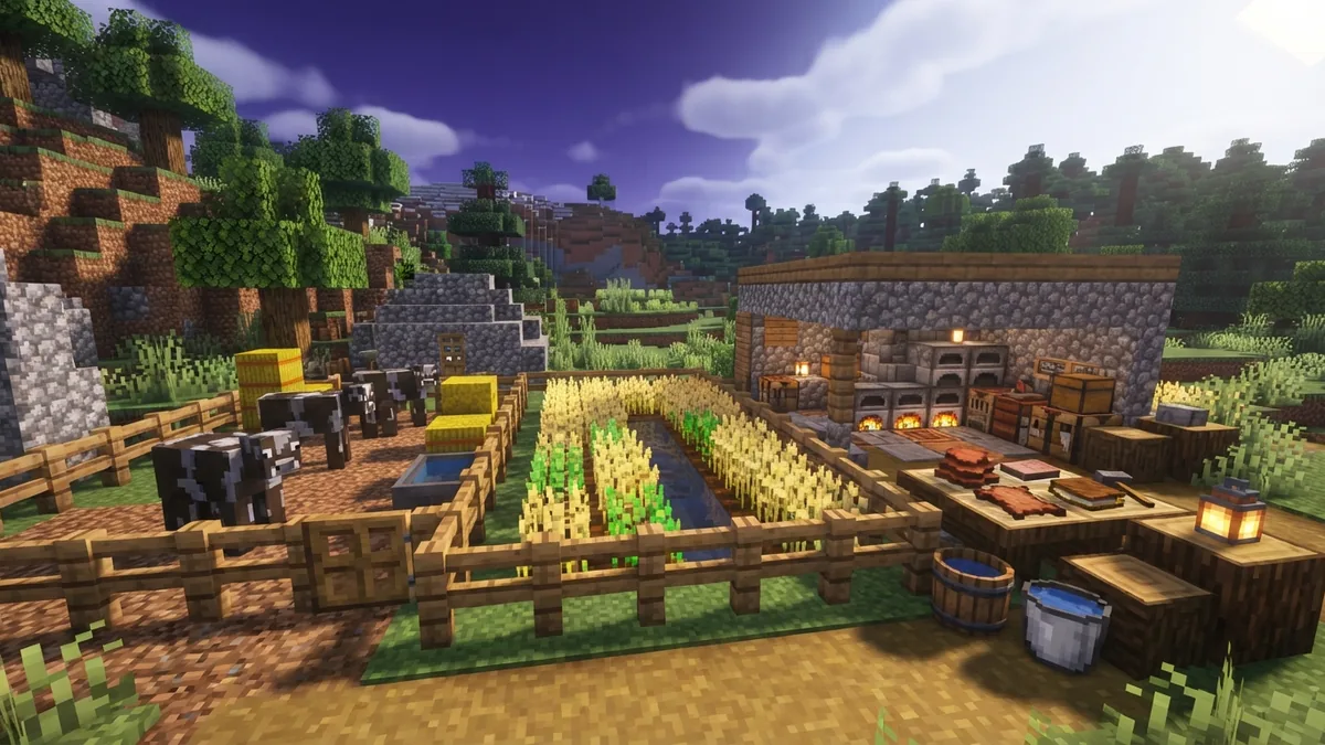 Cow farm resources for survival crafting Minecraft-style cow farm with wheat, furnace supplies, buckets, and leather resources