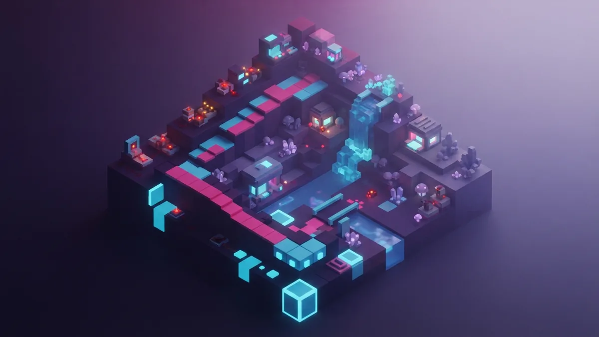 Voxel landscape with reduced viewing distance Voxel landscape fading into violet fog with cyan edges and soft magenta light
