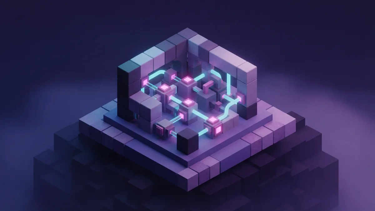 Glowing voxel mechanism in violet haze Glowing voxel mechanism with cyan conduits and magenta power nodes