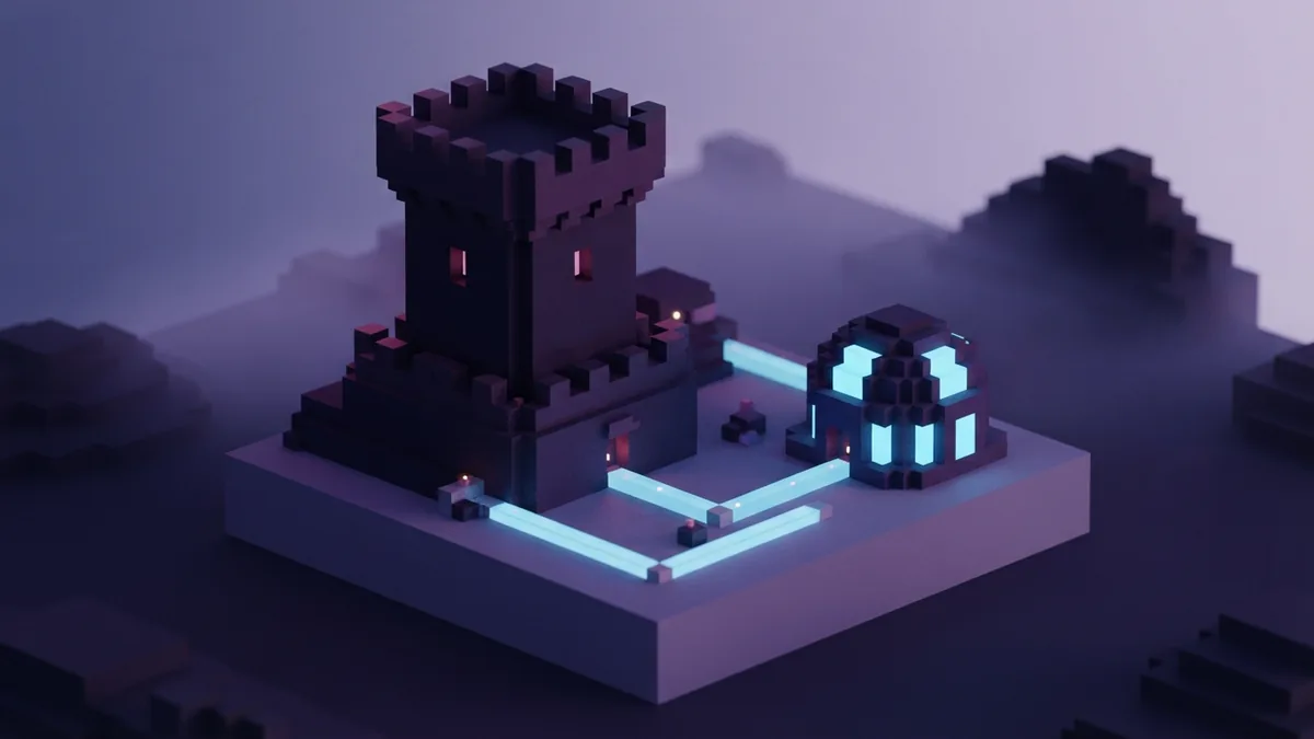 Sturdy voxel structures linked by glowing cyan channels in violet fog