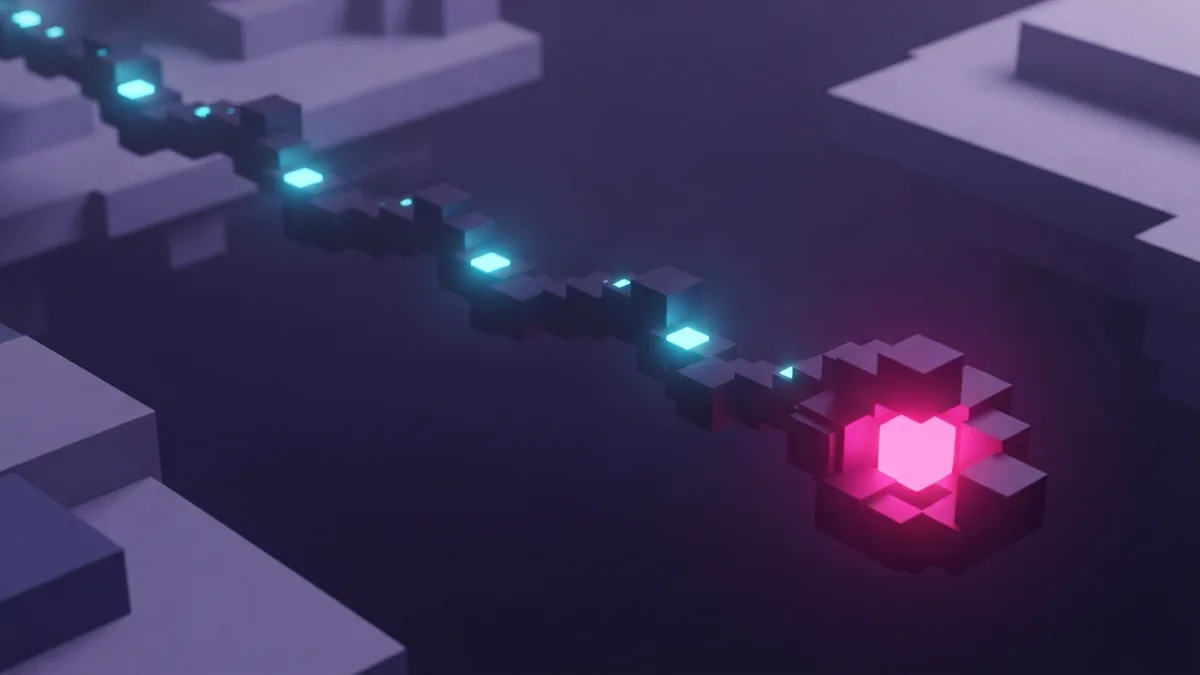 Steady glowing voxel blocks in deep violet space Floating voxel blocks with steady cyan glow and one magenta energy core
